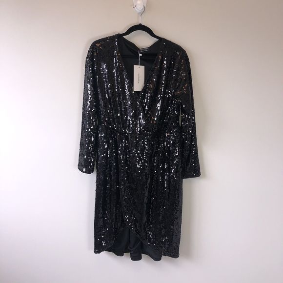 BloomChic Black Metallic Sequined Long Sleeve Dress Faux Wrap Size 14/16 NWTs - Picture 4 of 13